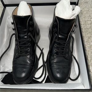 Authentic Chanel lace up calfskin combat boots